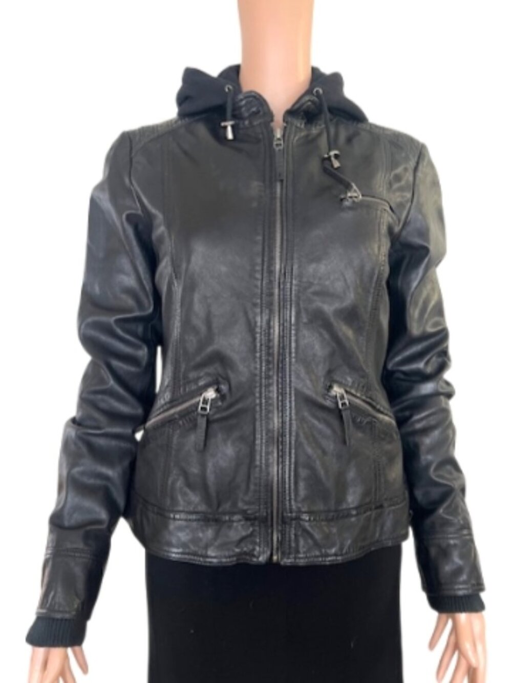 Bod & Christensen Women's Black Genuine Leather Zip Out Hood Moto Jacket Sz L